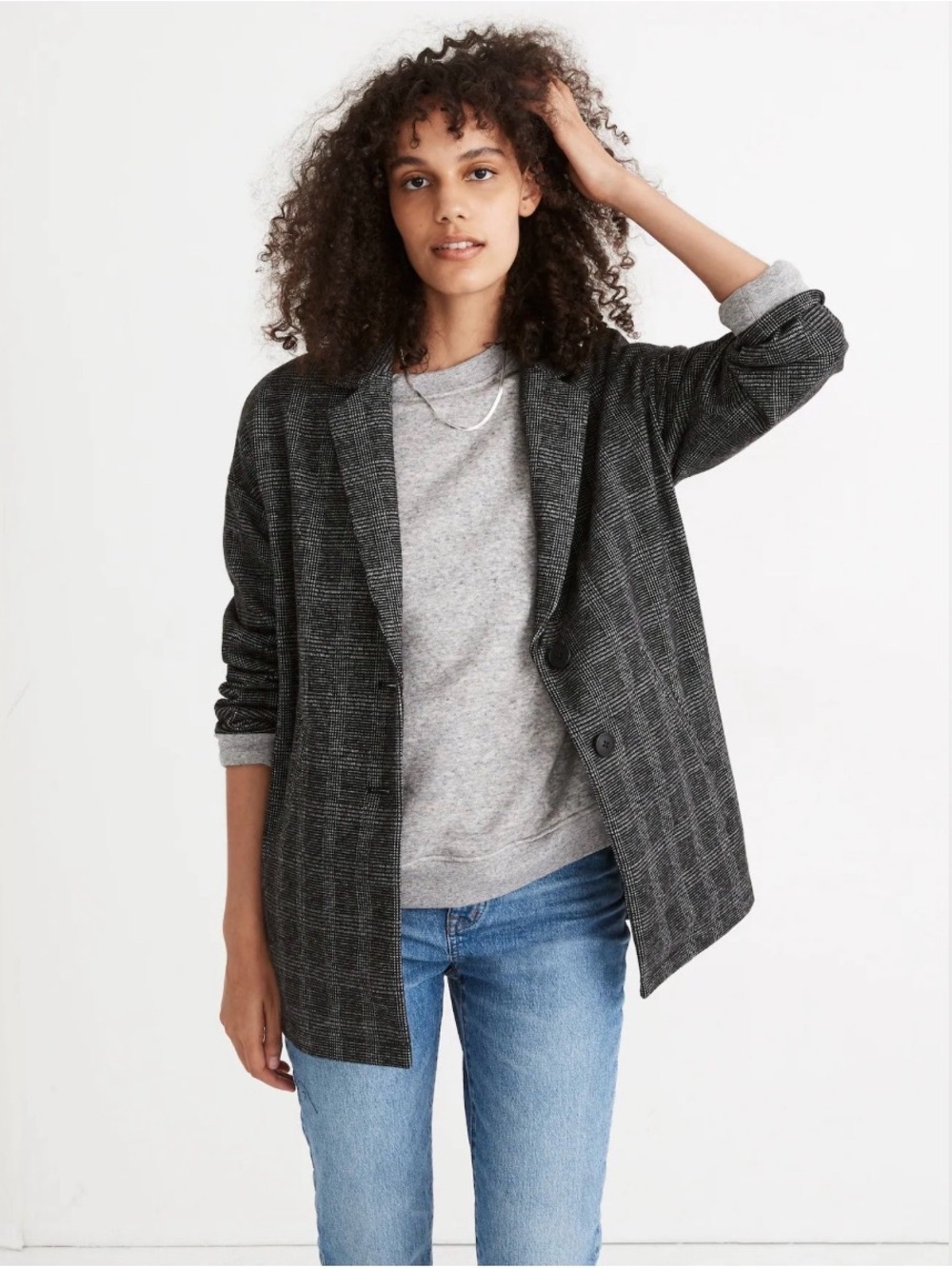 Madewell Charcoal Plaid Open-Front Sweater Blazer
